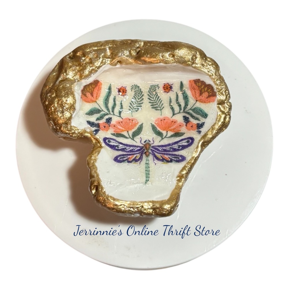 Handmade Decoupage Oyster Shell‎ Trinket Dish Gold Rim Dragonfly Floral Coastal